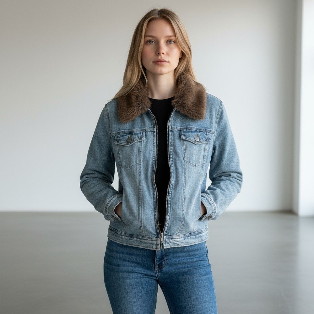 Axcess Denim Jacket‎ Faux Fur Collar Blue Wash Boho Size 12 Western Layering